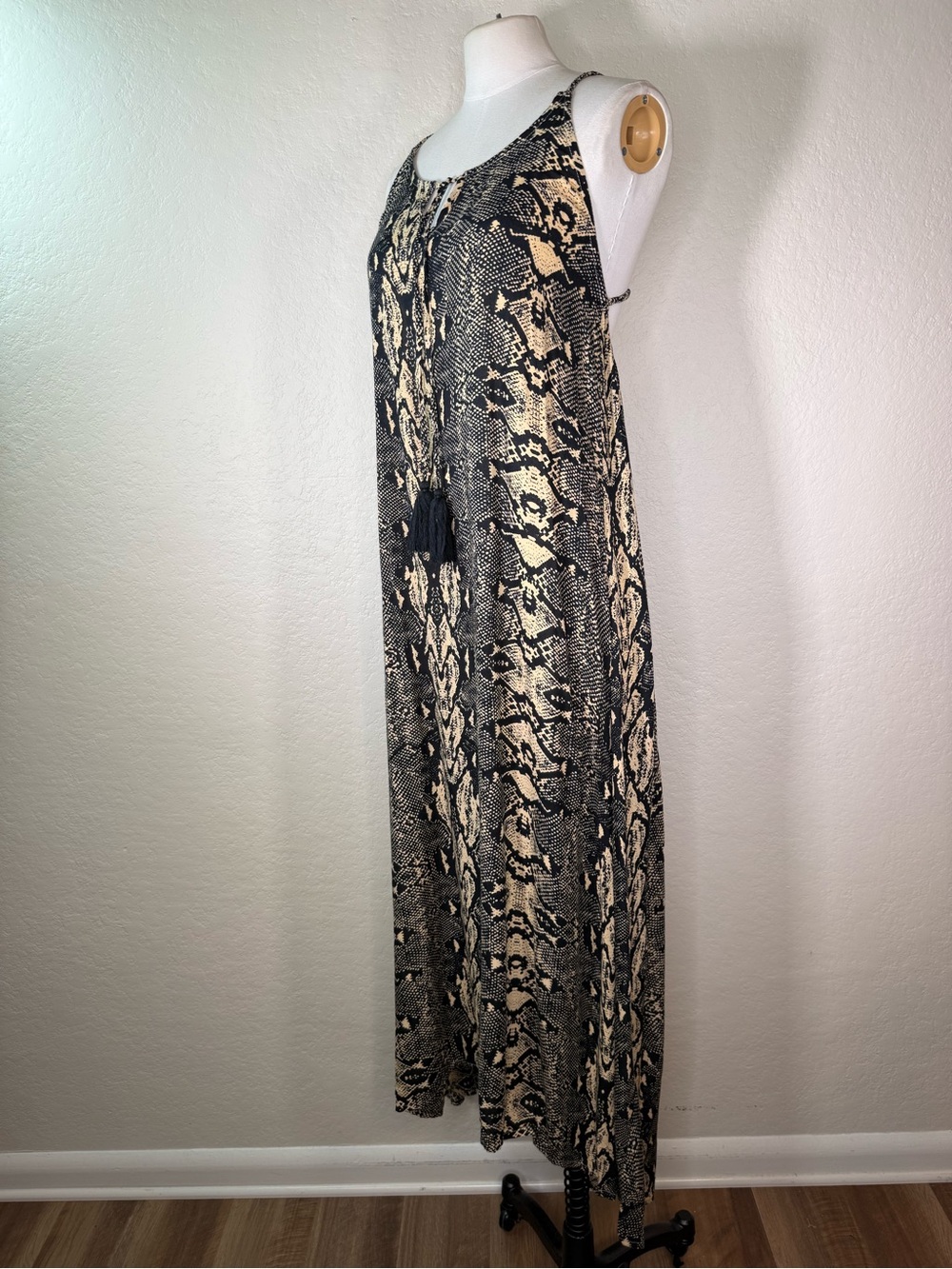 Tiare Hawaii Snakeskin Print Plunge Back Flowy Tassel Rayon Maxi Dress O/S